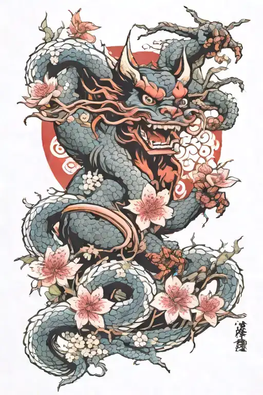 Japanese Devil With Cherry Blossom Tree In Background