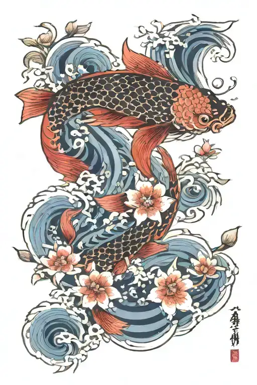 Japanese Red Koi With Blue Water Background