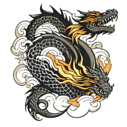 Dragon Breathing Fire Going Around Forearm Surrounded By Waves And Clouds