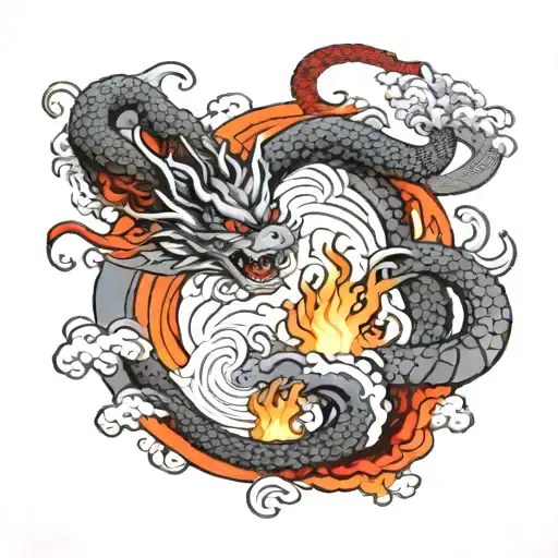 Dragon Breathing Fire Going Around Forearm Surrounded By Waves And Clouds Black And Grey