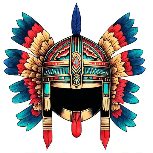 Simbolos Mexica Helmet And Watercolor Style