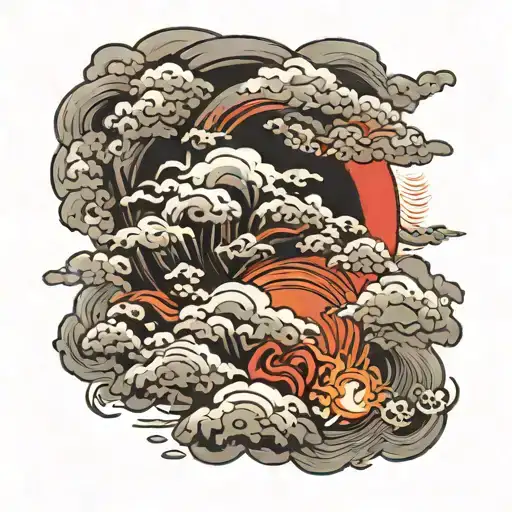 A Fiery Red Sun With Storm Clouds And Fire Flames All Over The Clouds