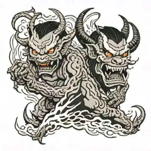 Traditional Japanese Looking Demons With Lightning In The Background