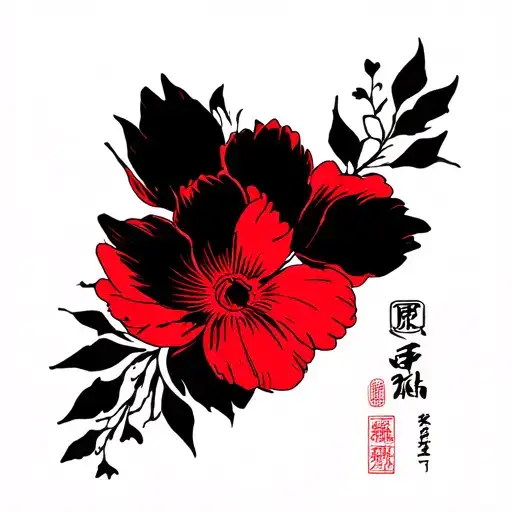 Black Overall With Red Highlights And Accents Flower