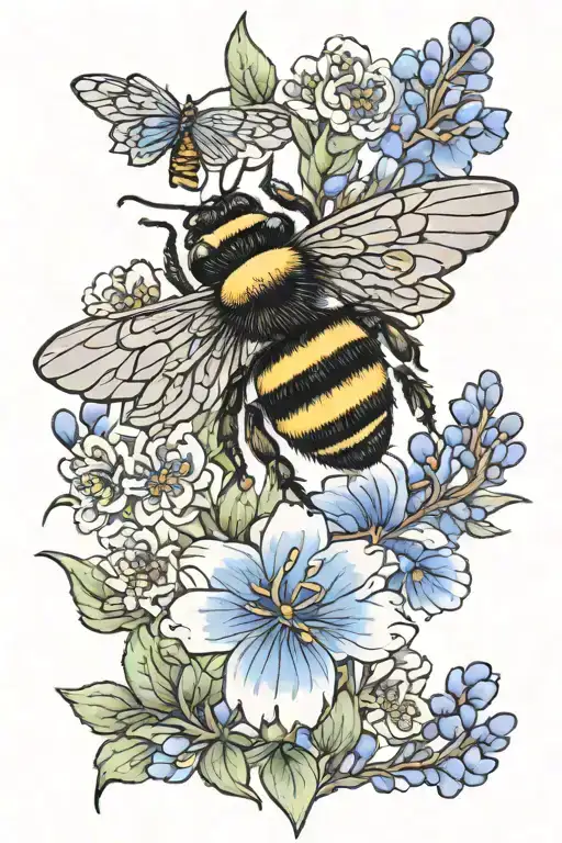 A Bumblebee With Multiple Lavenders And Other Flowers In The Color Blue