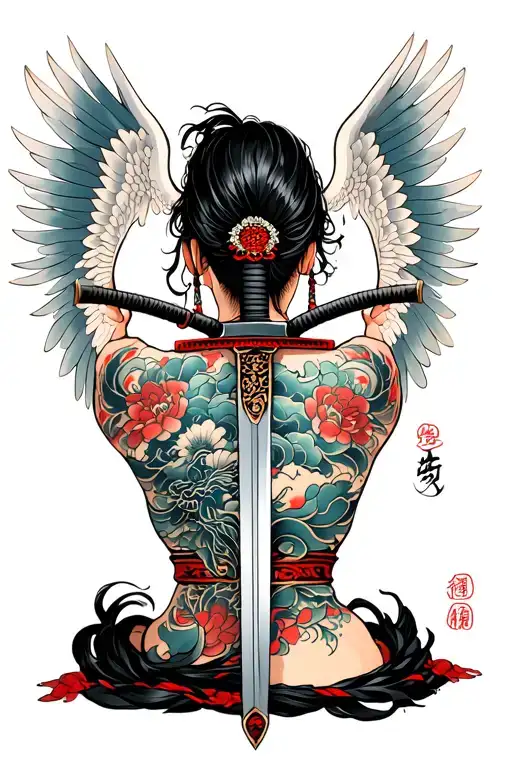 Katana Going Down The Middle Of My Back With Wings On My Upper Back