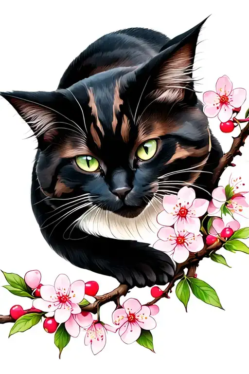 Cat Lying Gracefully On A Cherry Blossom Branch Representing