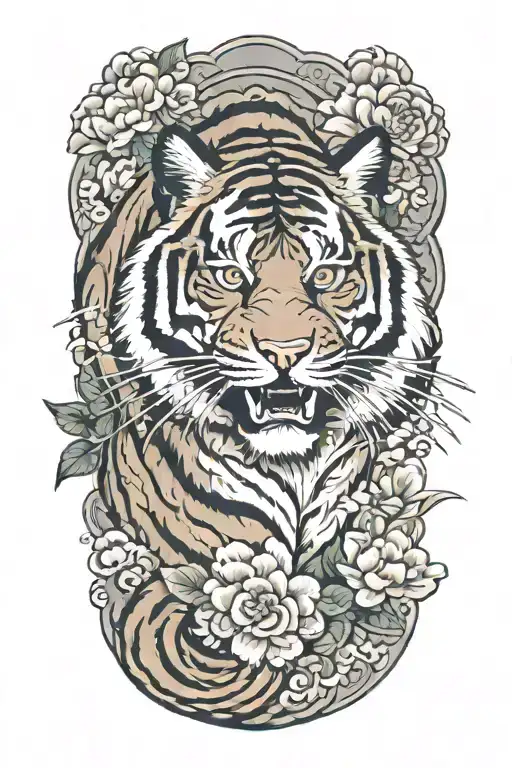 Traditional Tiger With Floral Background And Flow