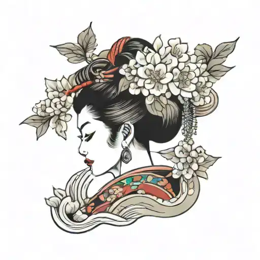 Geisha With A Flower Over Her Mouth With A River Under Her Face With Small Lotus Flowers