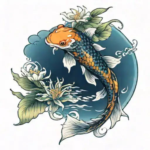 Koi Fish With Flowers Growing Dim Illuminated Lily Japanes