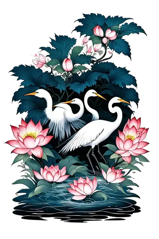 Egrets Surrounded By Lotus And Tulips And Mugunghwa