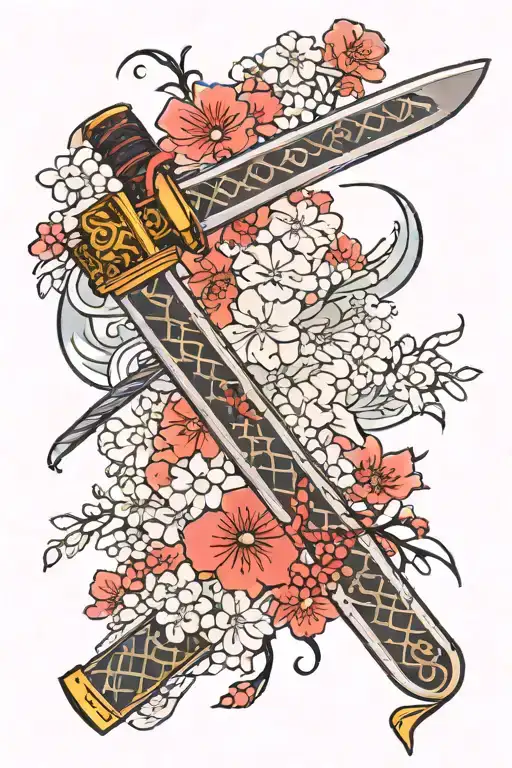 A Katana With Blood And A Sakura With Many Flowers Wrapped Around It