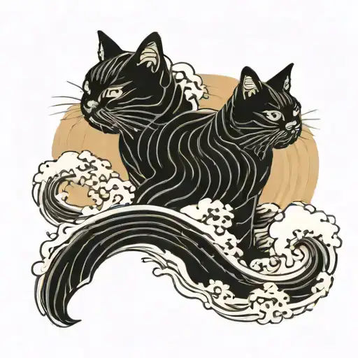 Japanese Waves And Cats From Old Japanese Pictures In Black Color