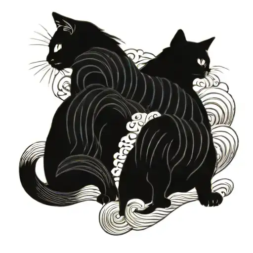Japanese Waves And Two Or More Cats From Old Japanese Pictures In Black Color