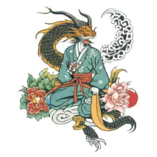 Dragon And Samurai In The Background