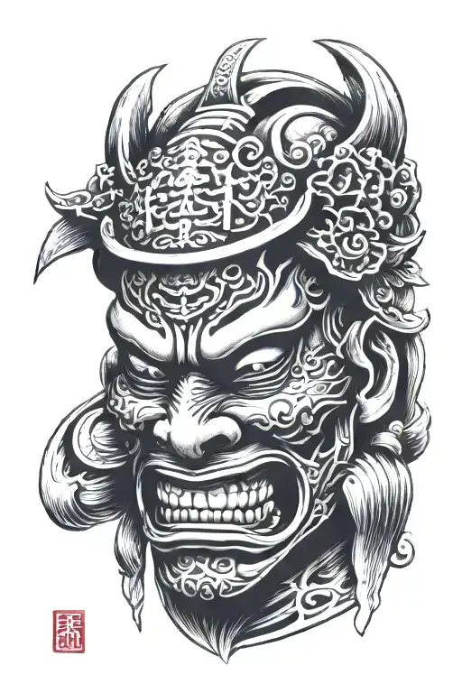 Japanese Samurai Mask On Knee Cap
