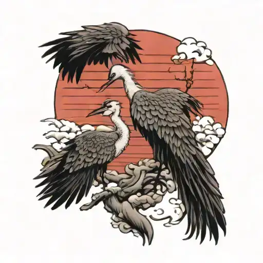 Two Cranes In Front Of A Red Sunset Reflecting