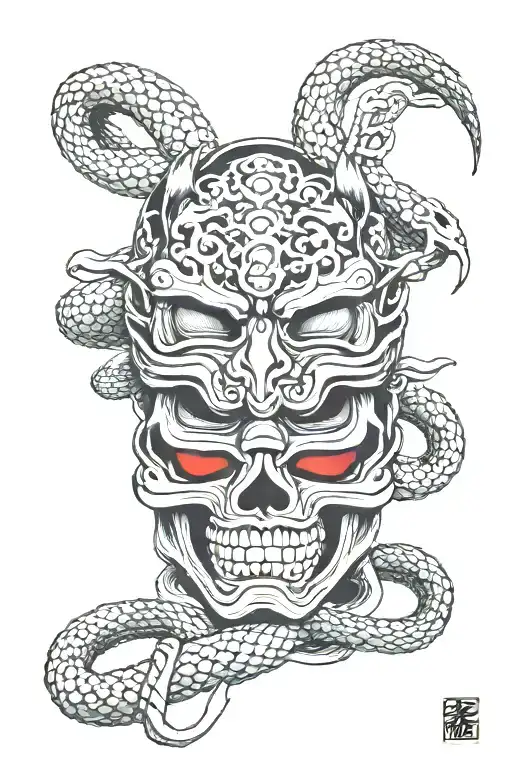 Samurai Mask With A Skeleton Snake Wrapped Around It