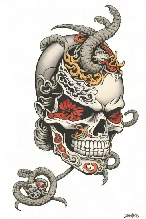 Samurai Mask With A Skeleton Snake Wrapped Around It