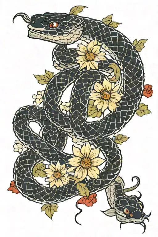 Japan Snake With Chrysanthemums On Each Side Of The Back