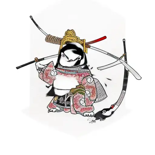 Samurai Penguin With A Kabuto And A Katana Walking Through Sakura Trees