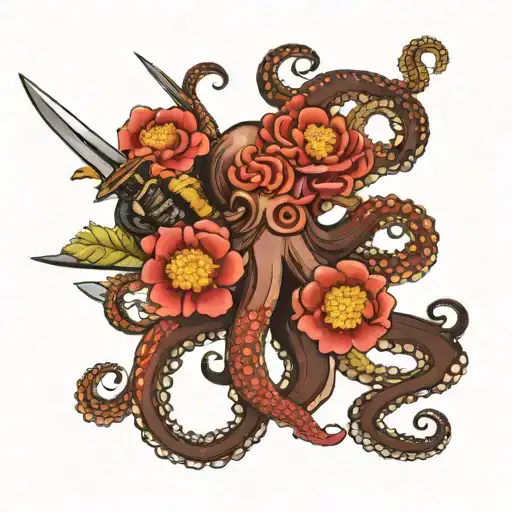 Octopus With Peony Flowers And Swords
