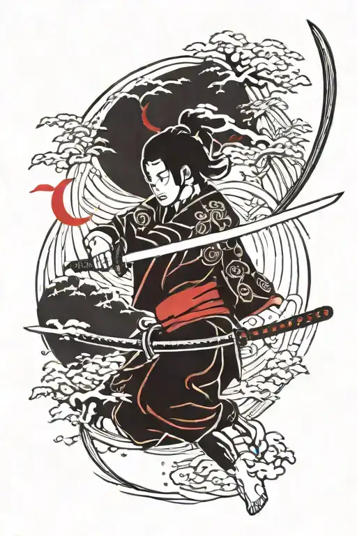 A Katana Post-swing With A Red Lighting Trail That Cuts Open Space And Time