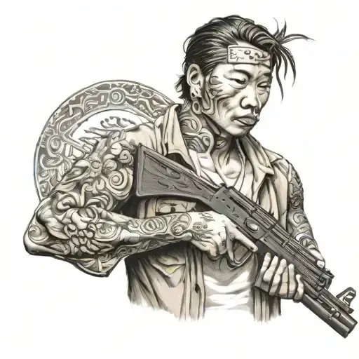 A Realistic Portrait Of A Member Of The Chang Gang Holding An Ak47