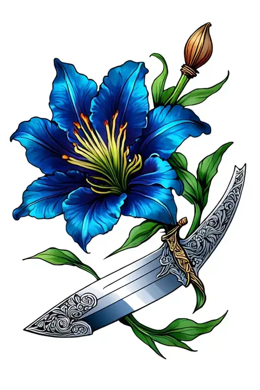 Blue Lilly Flower Wrapped Around Dagger