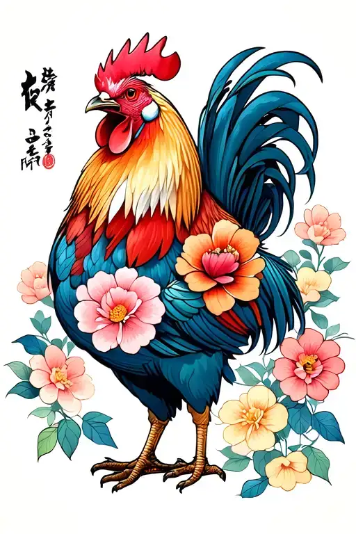 Rooster Standing Proudly Flowers Wrapped