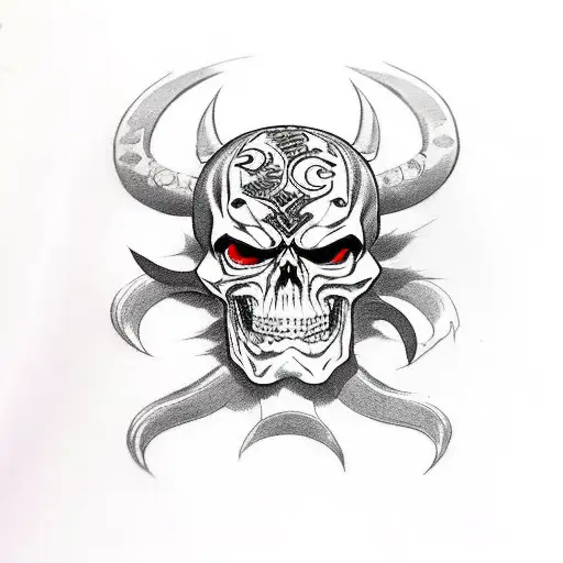 A Black-red Skull With Two Knives In The Head In The Form Of Horns