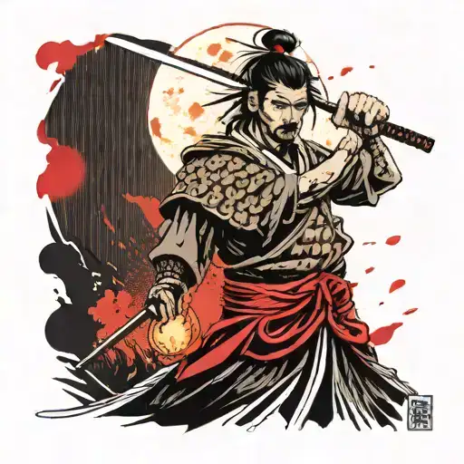 A Beaten Samurai Stands Under A Bloody Rain On The Background Of A Bloody Moon