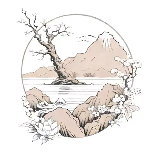 A Nature Scene With Japanese Art Elements And Subtle References To Music