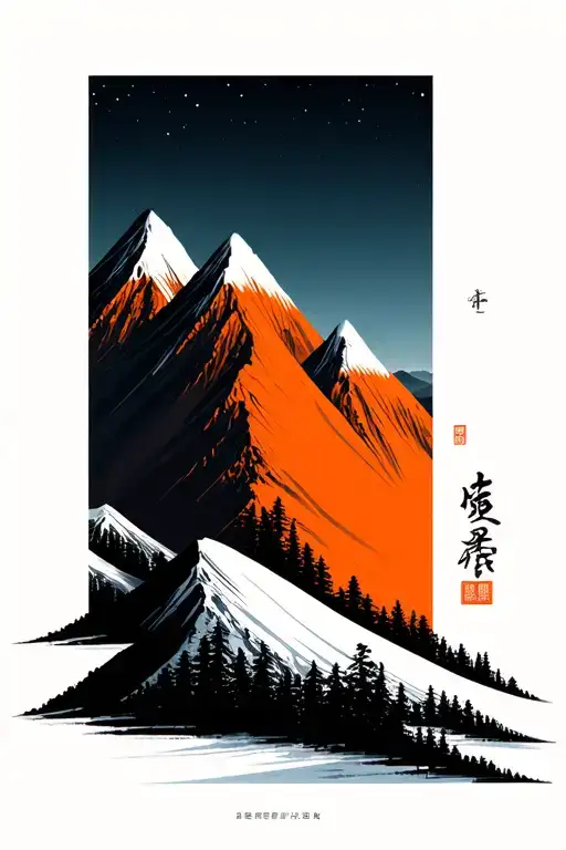 Minimalist Mountain With 3 Peaks And The Traces Of Skiing Of A Skier That Descended The Mountain