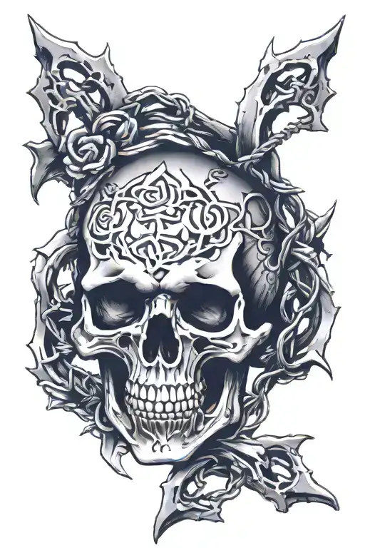 Skull With Its Lower Jaw Missing And Barbed Wire Wraped Around It