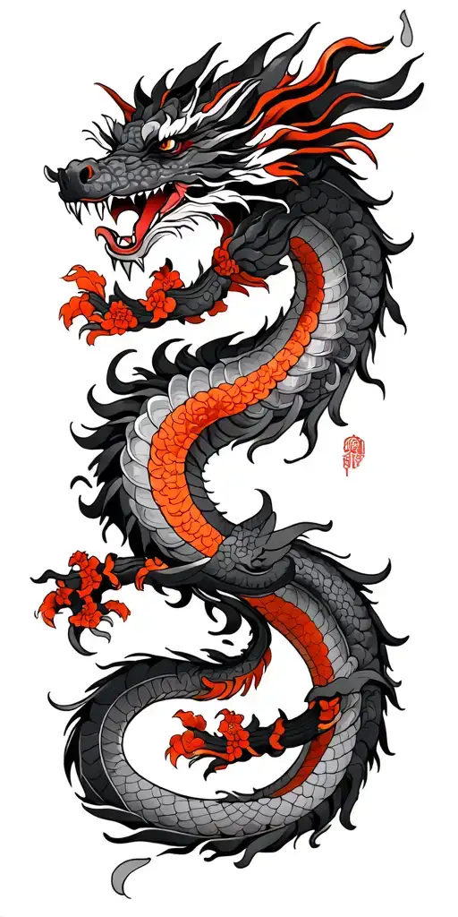 Black And Grey Japanese Dragon Wrapping Around Sword