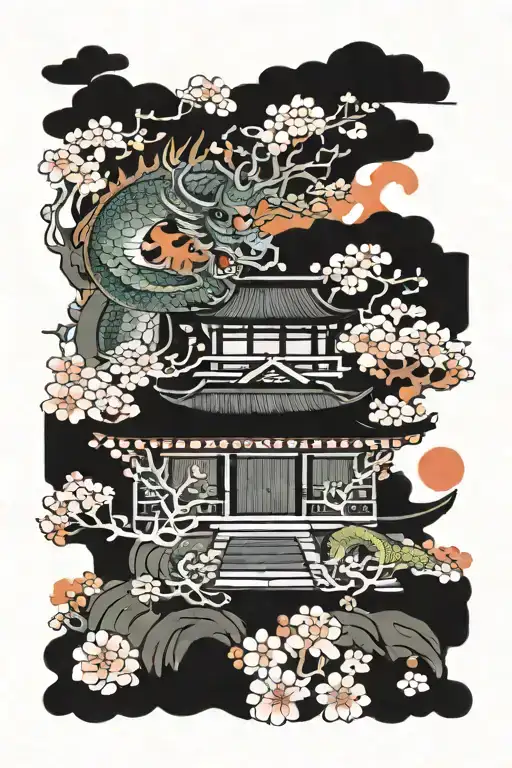 Japanese Temple Surrounded By Cherry Blossom With A Dragon And Sea