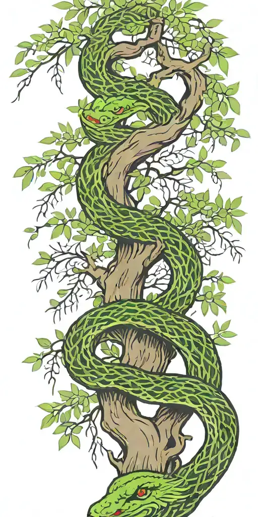 Weeping Willow Tree With Olive Green Cobra Coiling Around It With Color