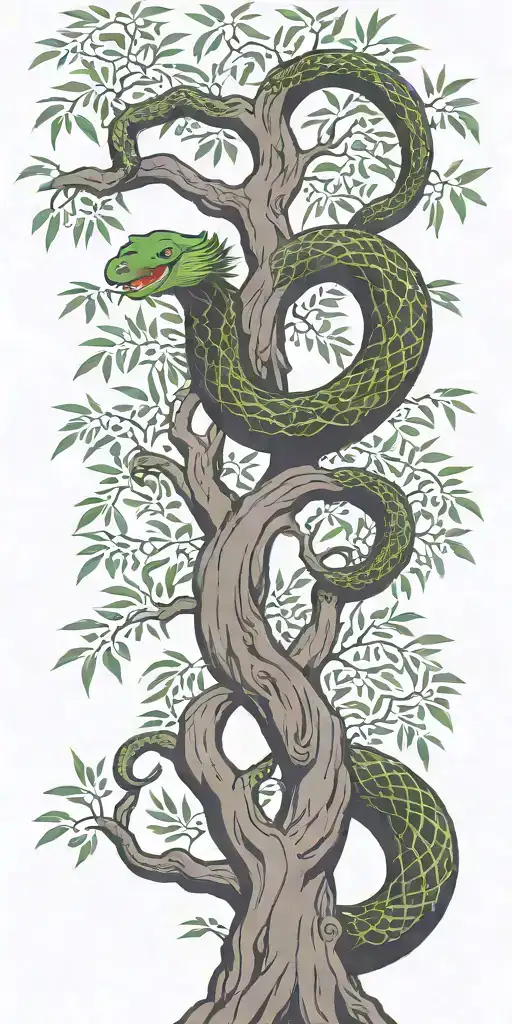 Weeping Willow Tree With Olive Green Cobra Coiling Around It With Color
