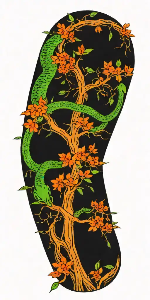 Weeping Willow Tree With Olive Green Cobra Coiling Around It With Color