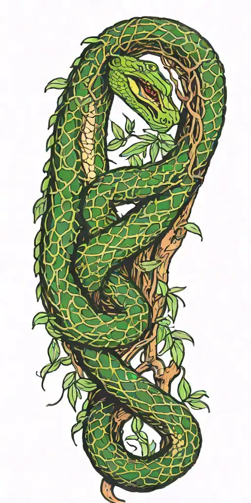 Weeping Willow Tree Trunk With Olive Green Cobra Coiling Around It With Color