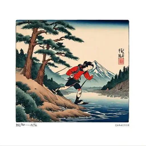 Mountain Runner Between Fir Trees On The Edge Of A River