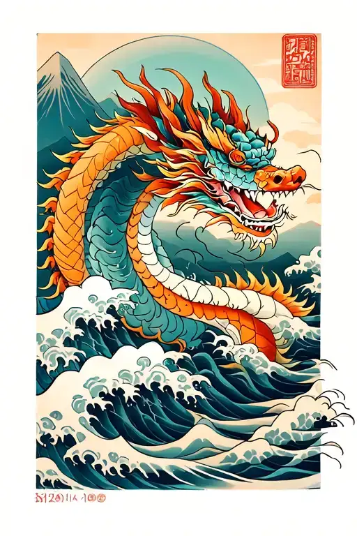 Japanese Dragon With Waves And Mountain