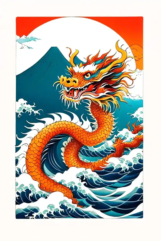 Japanese Dragon With Waves And Mountain