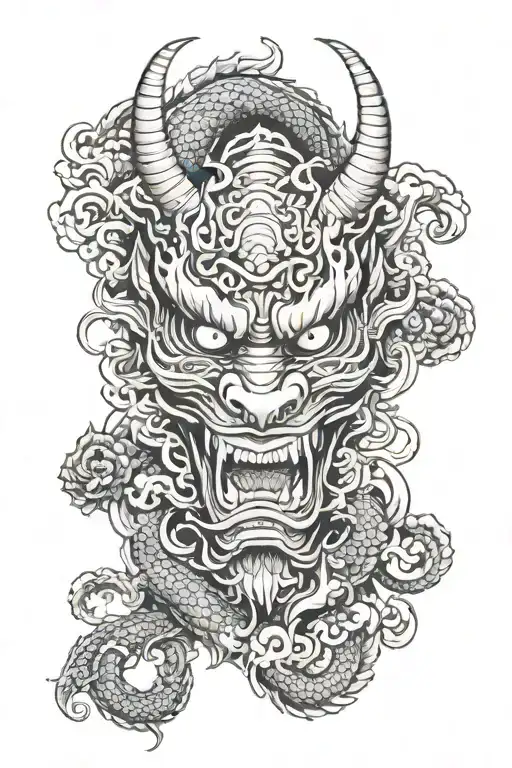 Dragon And Oni Mask Surrounded