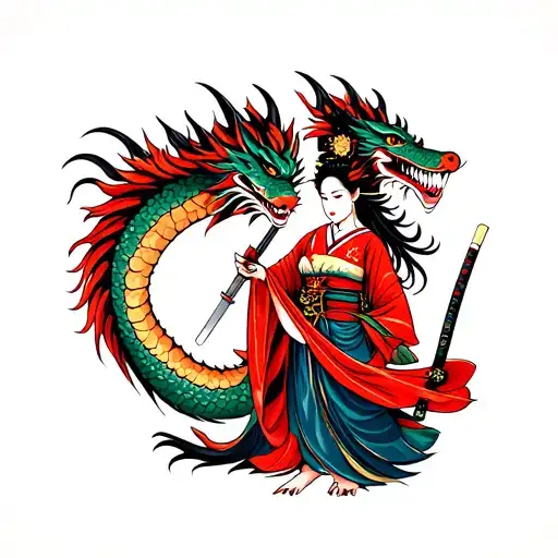 Japanese Dragon With A Geisha Holding A Katana