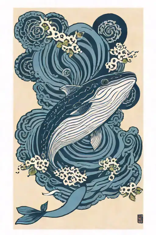 Giant Blue Whale With A Little Person Swimming Beside Him