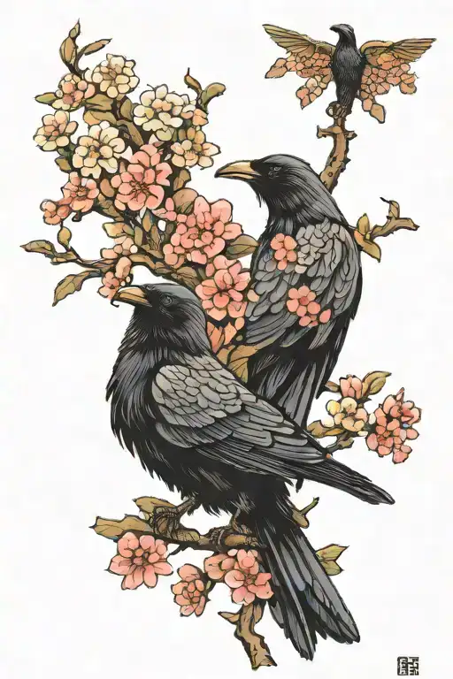 A Two Headed Raven With Eyes On Its Back Sits On A Flowering Tree In The Form Of Pintograms