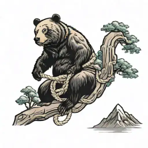 A Bear Holding A Rope While Climbing A Mountain