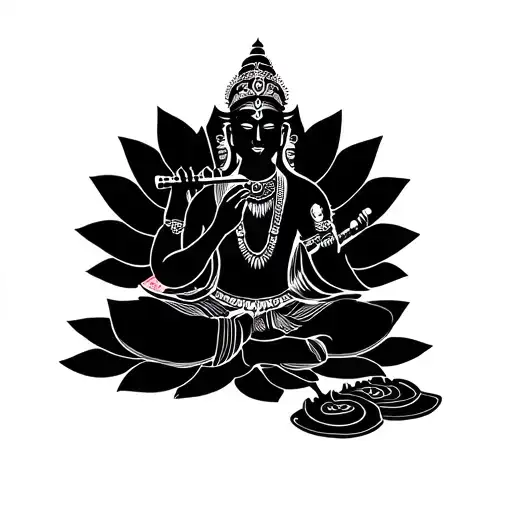 Krishna Playing His Flute Seated On A Lotus Blossom